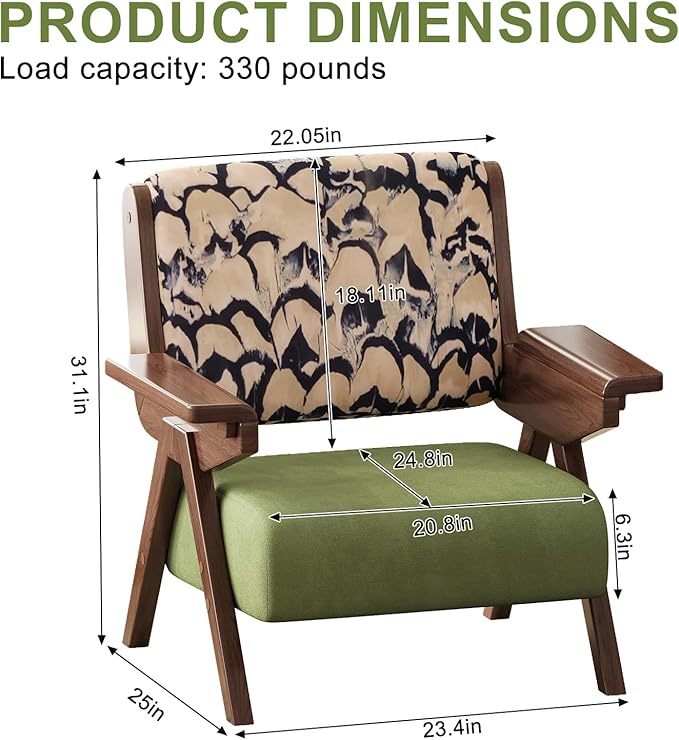 Accent Chair Mid Century Modern Chair, Velvet Upholstered Lounge Arm Chair with Solid Wood, Cozy Reading Chair for Living Room, Bedroom, Balcony (Feather Print, Single Chair)