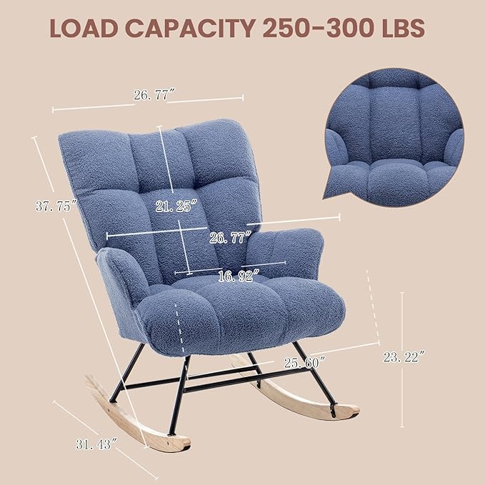 Rocking Chair Nursery Teddy Upholstered Glider Rocker Rocking Accent Chair Padded Seat with High Backrest Armchair Comfy Side Chair for Living Room Offices Bedroom(Sky Blue Teddy)