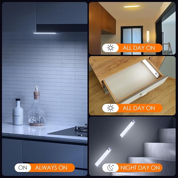 Under Cabinet Lighting, 3 Colors, Motion Sensor Light Indoor, LED Rechargeable Closet Lights Battery Operated, Dimmable Night, Stick-On Magnetic Cabinet Lights for Kitchen Stairs Hallway
