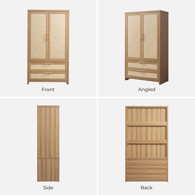 SICOTAS Larger Armoire Wardrobe Closet, 71" Tall Rattan Freestanding Wardrobe Closet Cabinet with Storage and 2 Drawers, Boho Armoire Clothes Organizer with Hanging Rod for Bedroom, Oak (2 Pieces)