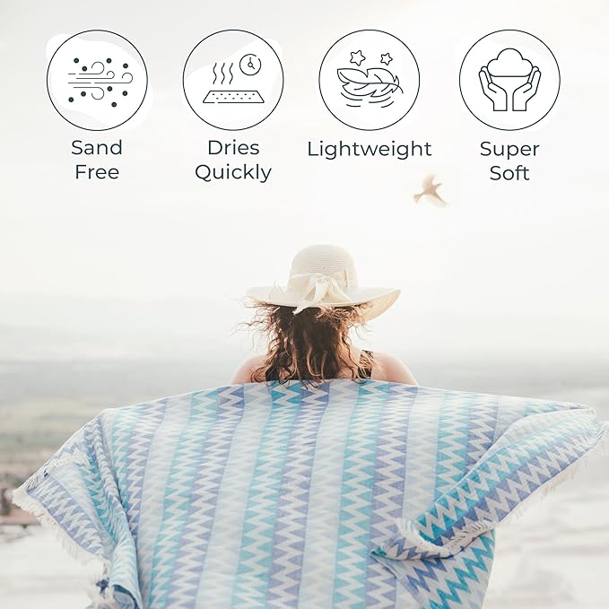 Premium Turkish Beach Towel – 100% Cotton, Quick Dry, Sand Free, Oversized Beach Towel 35”x 67” – Ideal for Travel, Pool, and Beach, – Zig Zag Blue