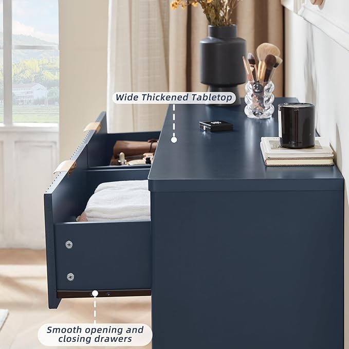 LEYAOYAO Fluted 6 Drawers Dresser Set of 2, 48" Wide Modern Chest of Drawers with Metal Handle, Navy Blue Curved Profile Dresser TV Stand, Wooden Drawer Organizer for Bedroom, Living Room, Hallway