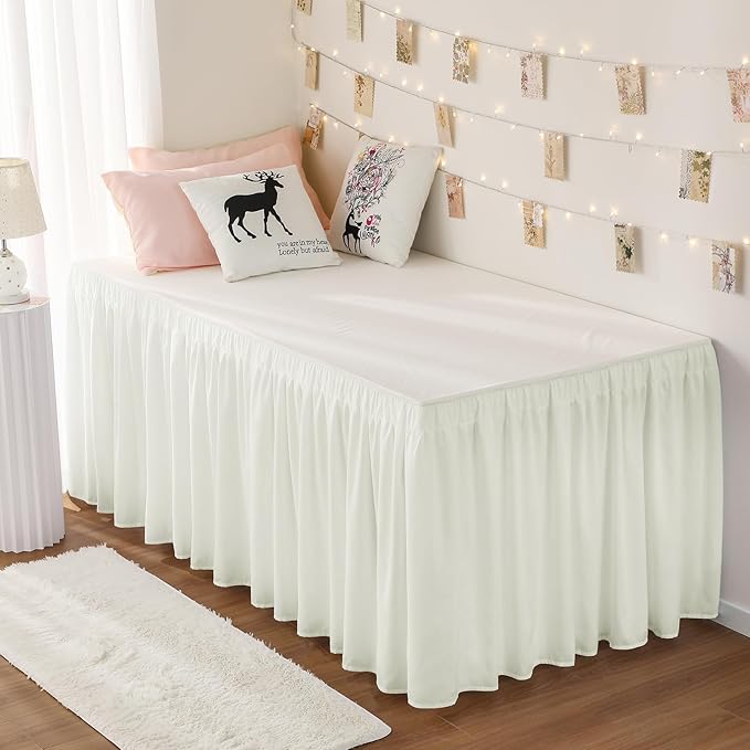 RIMELA Ivory White Dorm Bed Skirt Twin XL 32 Inch Drop, Easy to Install Extra Long Wrap Around Elastic Dust Ruffle, Bedskirt Silky Fabric Machine Washable (Twin XL 80“L x 39”W & Twin 75“L x 39”W)
