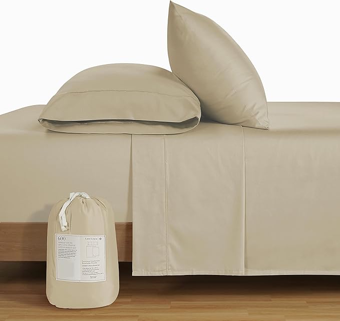 LANE LINEN 600 Thread Count Twin XL Sheets Set, 100% Mercerized Cotton Twin XL Bed Sheets Set with sily Touch Finish, Soft and Comfy Fully Elasticized Sateen Weave XL Twin Sheets Set - Linen