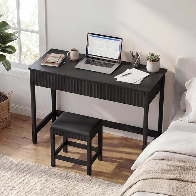 ChooChoo 47.2 Inch Modern Desk with Drawers, Makeup Vanity Desk with Padded Stool, Writing Computer Desk for Home Office & Bedroom, Black