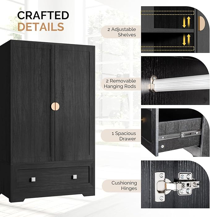 VINGLI Armoire Wardrobe Closet with Doors, 38" W Armoire Wardrobe Cabinet with Drawers and Hanging Rod, Black Wood Bedroom Armoires, 21" D x 38" W x 65" H