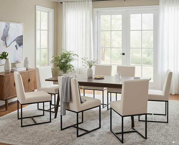 CIMOTA Modern Linen Dining Chair Set of 4, Mid Century Dining Room Chairs Fabric Upholstered Armless Side Chair with Black Sled Base for Dining Room, White Cream 4PCS