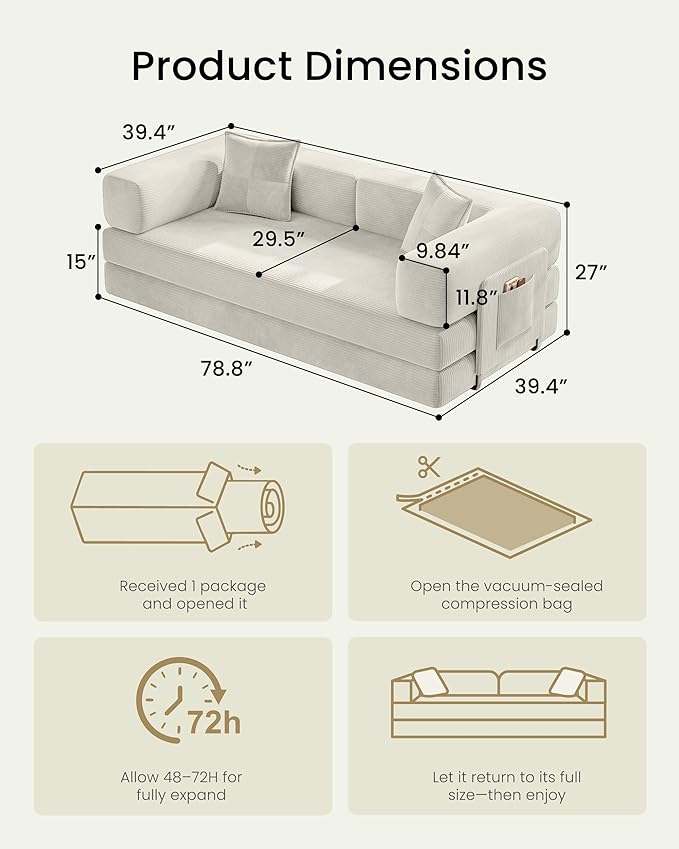 78.8" Convertible Sofa Bed,Corduroy Futon Couch with Storage Pocket,Folding Pull Out Futon Sofa,No Assembly Boneless Couch for Living Room, White | futon sofa bed, sofa, couch, loveseat, convertible sofa, boneless couch