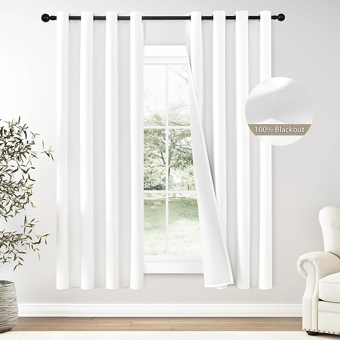 ChrisDowa 100% Blackout Pure White Solid Curtains 72 Inches Long 2 Panels for Bedroom Living Room,Farmhouse Room Darkening Thermal Insulated Soundproof Grommet Top Window Treatment Drapes,52x72
