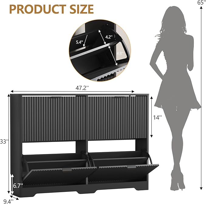 Shoe Cabinet Storage for Entryway with 4 Flip Drawers, Black Fluted Shoe Cabinet with Adjustable Shelves, Wooden Hidden Shoe Rack Freestanding Narrow Slim Shoes Storage for Hallway, Entrance