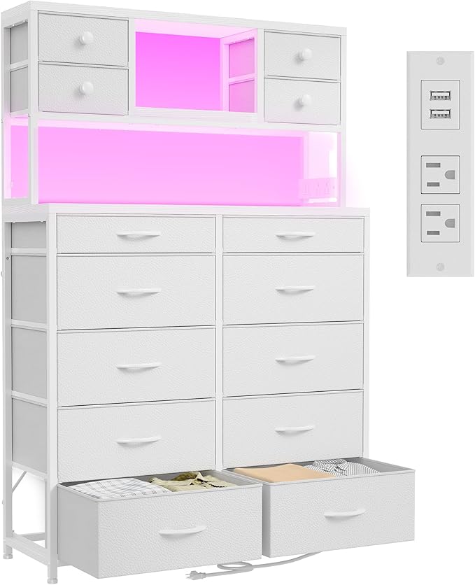EnHomee 62.8" H Dresser for Bedroom with 14 Fabric Drawers,White Dresser with Charging Station and LED Lights,Dressers & Chests of Drawers for Bedroom, Steel Frame & Wooden Top, Entryway