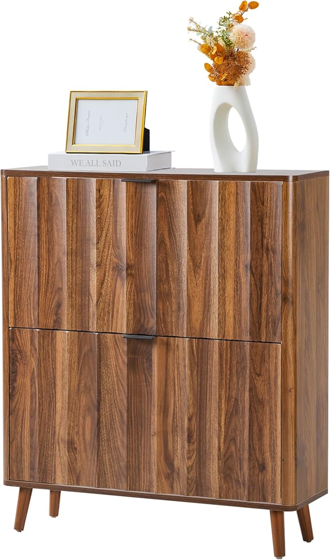 31.5” Fluted Shoe Cabinet Storage with 2 Flip Drawers,Narrow Freestanding Shoe Storage Organizer,Slim Shoe Rack Cabinet for Entryway,Hallway (Walnut)