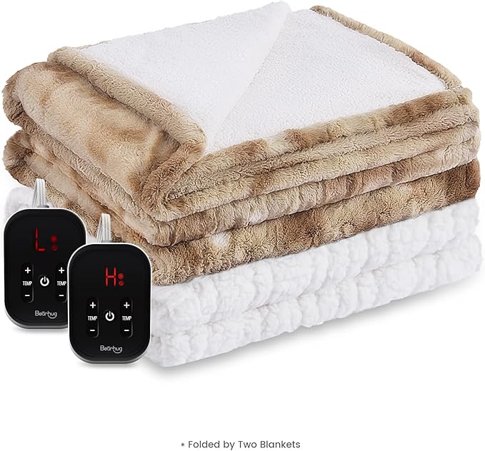 Bearhug Electric Blanket King Size 100" x 90", Dual Controller Heated Blanket, Faux Fur/Sherpa 10-Heating Level & 1-12H Auto Off, Champagne, Over-Heat Protect, ETL, Machine Washable