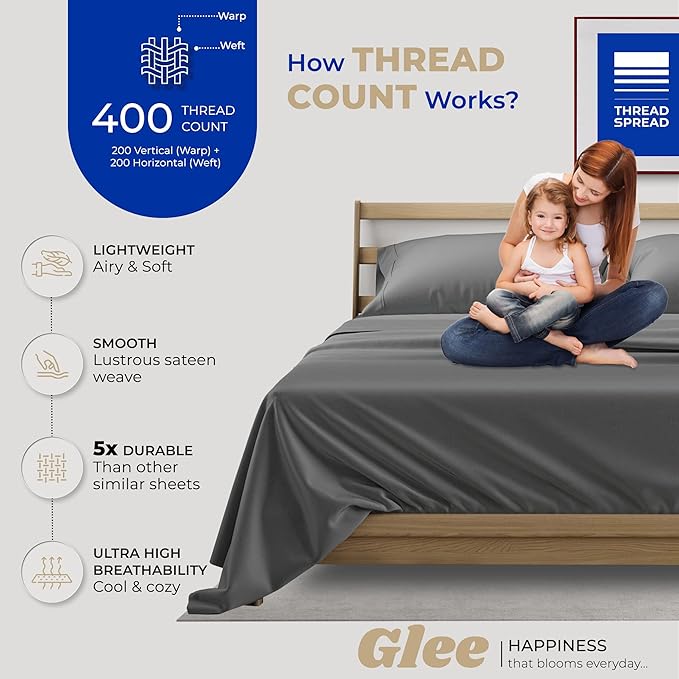 THREAD SPREAD 100% Cotton Queen Sheets Set - 400 Thread Count Queen Size Sheets (4 PC, Dark Grey), 16" Deep Pocket All Around Elastic, Soft, Cooling, Durable & Breathable Sateen Weave Bed Sheet Set