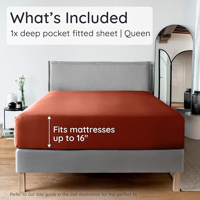 Bambaw Queen Size Fitted Sheet Only, 100% Viscose Derived from Bamboo Fitted Sheet Queen Size, 16’’ Deep Pocket, Breathable & Cooling (Terracotta)