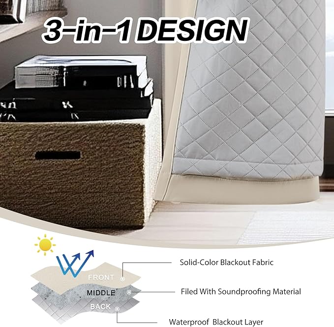 Soundproof Heavy Duty Curtains 3-in-1 Thermal 100% Blackout Curtains 50Wx120L for Bedroom Living Room 1 Panel Beige