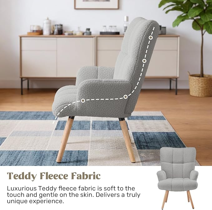Joysoul Modern Accent Chair, High Back Arm Chair with Wood Legs Sofa Seat Teddy Fleece Fabric Reading Chair for Living Room Bedroom Waiting Room (Light Gray)