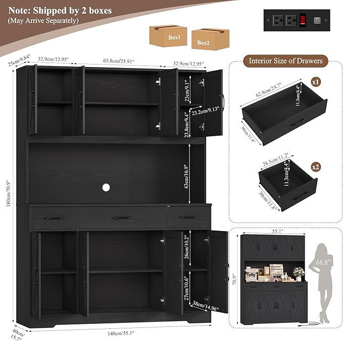 HOSTACK 71" Tall Kitchen Pantry Storage Cabinet with Charging Station, 55" Wide Kitchen Hutch Cabinet with Large Countertop, Farmhouse Food Pantry with Drawers for Living Room (Black Wood Grain)