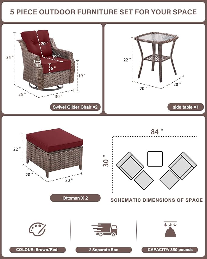 Belord 5 Piece Wicker Patio Furniture Set with Ottoman - High Back Outdoor Swivel Rocker Glider Chairs with Glass Top Side Table,28D High-Density 6" Removable Blue Cushion for Deck Porch Backyard