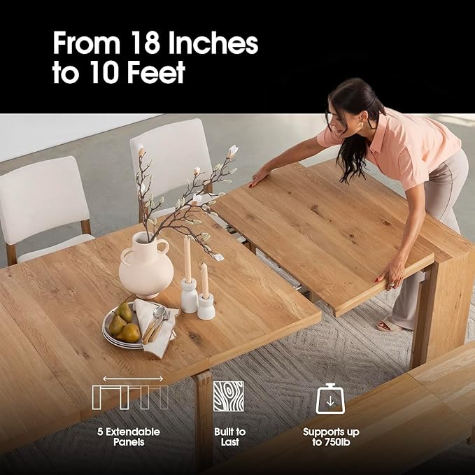 Transformer Table - Solid Wood Extendable Dining Table, Seats 2-12, Extendable Dining Room Table, Space-Saving Furniture, Expandable Dining Furniture (Natural, Table + Bench)