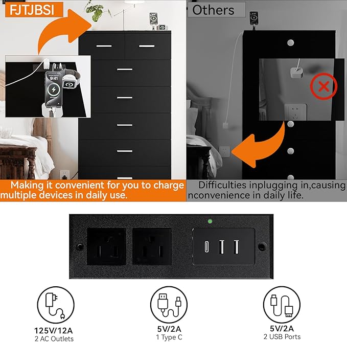 47.3" Tall Dresser for Bedroom Chests of Drawers with Charging Station 7 Drawer Dressers with Metal Slide Rail Modern Wood Closet Organizer with Large Storage for Home Office Entryway