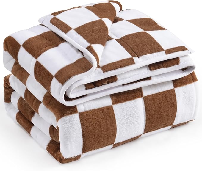 Wemore Flannel Fleece Weighted Blanket for Adult Twin Size 15 lbs, Dual Sided Luxurious Checkerboard Grid Heavy Blankets, Ultra Soft Throw Blanket, Plaid Khaki, 48 x 72 inches