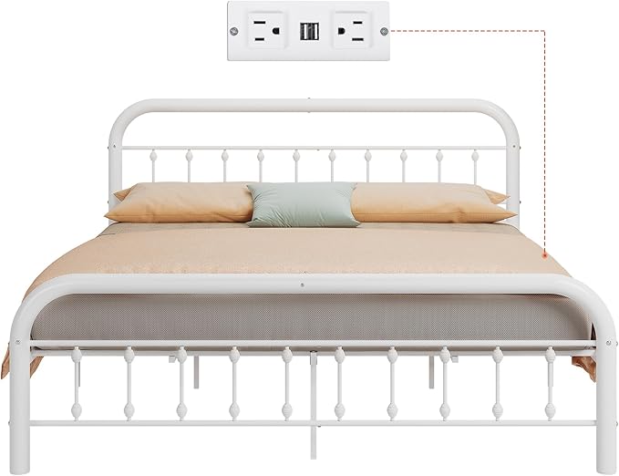 WLIVE Metal Platform Bed Frame, King Size Bed Frame with Headboard, Bed Frames with LED Lights and Charging Station, 1500LBS Mattress Foundation, Under Bed Storage, No Box Spring Needed, White