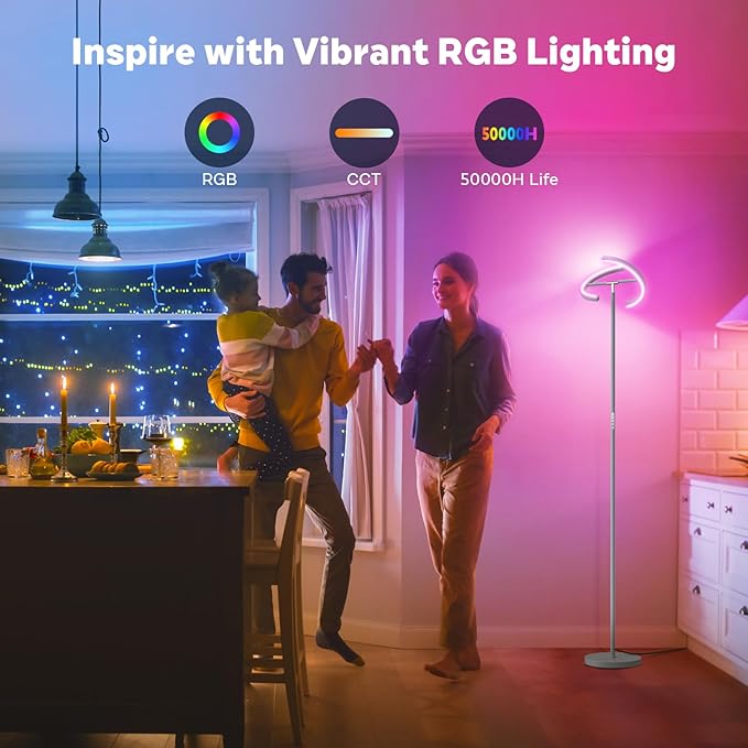 Silver Gray RGBCW Floor Lamp, Bright Color Changing RGB Standing Lamp, Modern Stepless Dimmable LED Tall Lamp with Remote Control, 20W 3000-6000K Floor Lamps for Living Room, Bedroom, Office