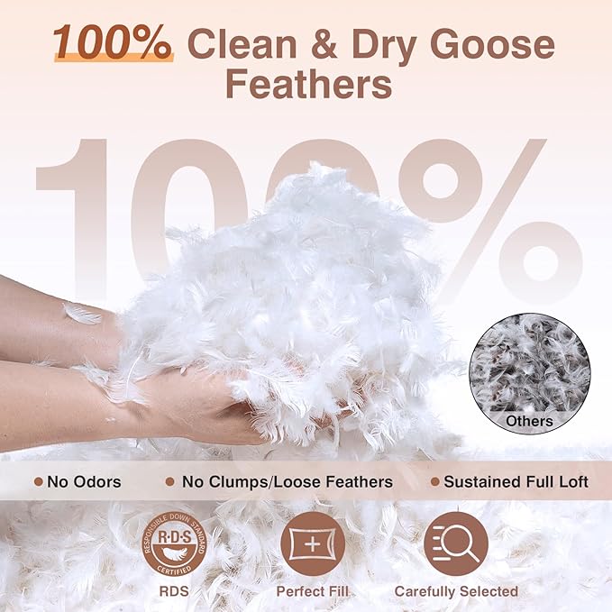 Goose Feather Pillows Bed Pillow - Hotel Down Pillows King Size Set of 2, Fluffy Support Surround Fill Polyester for Back, Stomach, Side Sleepers