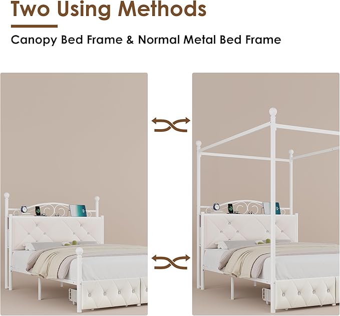 Full Upholstered Canopy Bed Frame with 2 Drawers & Crystal Tufted Storage Headboard Metal Platform Bed with Charging Station & 4 Removable Posts No Box Spring Needed Curtain Not Included, Beige