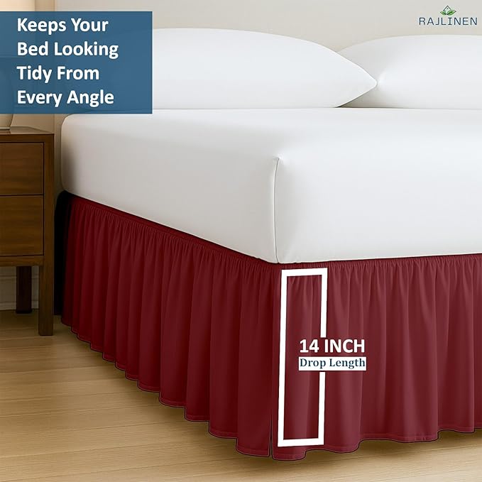 Rajlinen Ruffled Bed Skirt Twin XL, 14 Inch Drop Dust Ruffle with Split Corners, 100% Microfiber Bedskirt with Platform, Three-Sided Coverage Ruffled Gathering Design, Burgundy