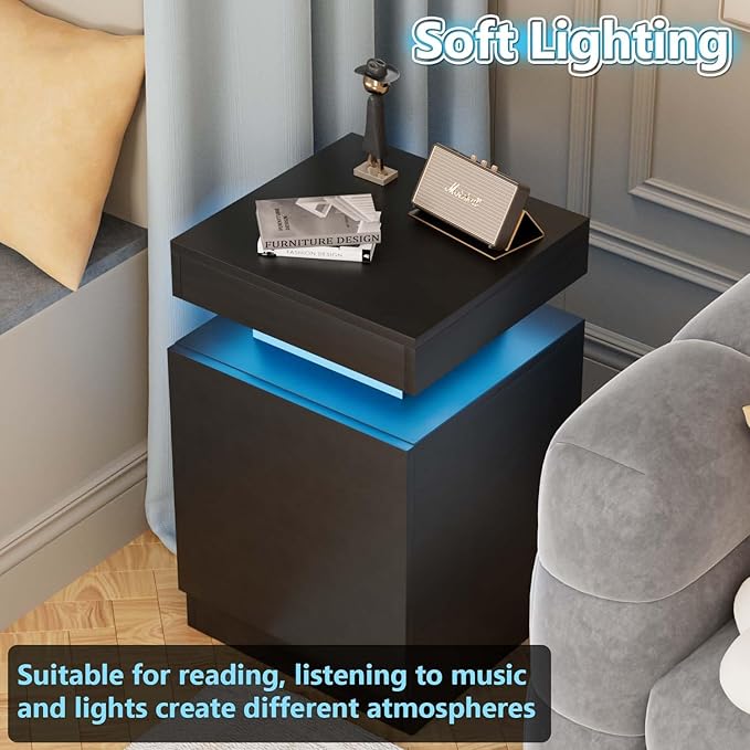 MXV Nightstand Set of 2 with LED Lights,Night Stand with Storage Cabinet for Bedroom,Bedside Table with LED (Black, 17.7IN)