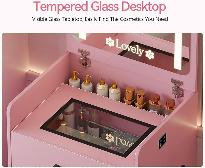 HNEBC 3 in 1 Vanity Desk with Plip Top LED Mirror,Small Dressing Table Set with Visible Glass Desktop,Compact Vanity with 3 Drawers,Storage Compartment and Padded Stool,for Bedroom(Pink)