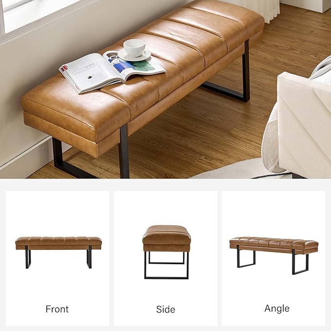 HULALA HOME 53" Faux Leather Entryway Bench, Button Tufted End of Bed Bench Ottoman for Bedroom, Living Room with Metal Base,Camel