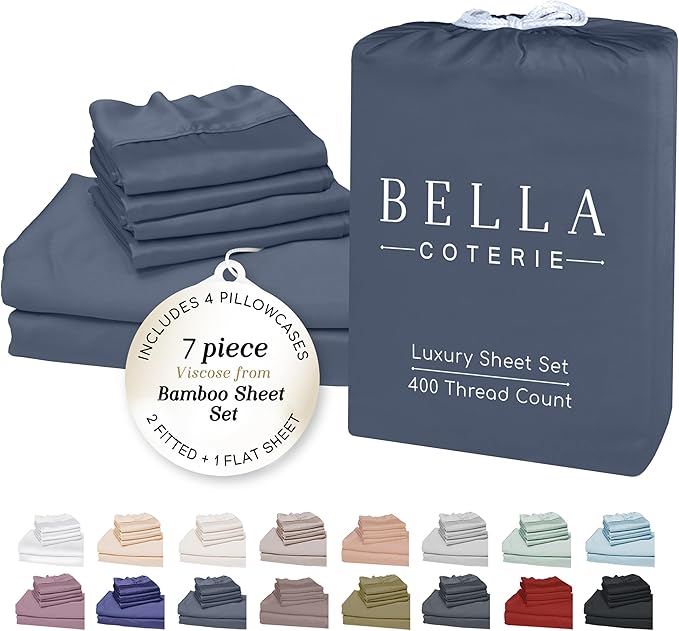 Bella Coterie 7 Piece Luxury Bamboo Viscose Split King Size Sheet Set | 2 Fitted Sheets for Adjustable Beds | 100% Organically Grown | Cooling for Hot Sleepers | 4 Pillowcases [Slate Blue]