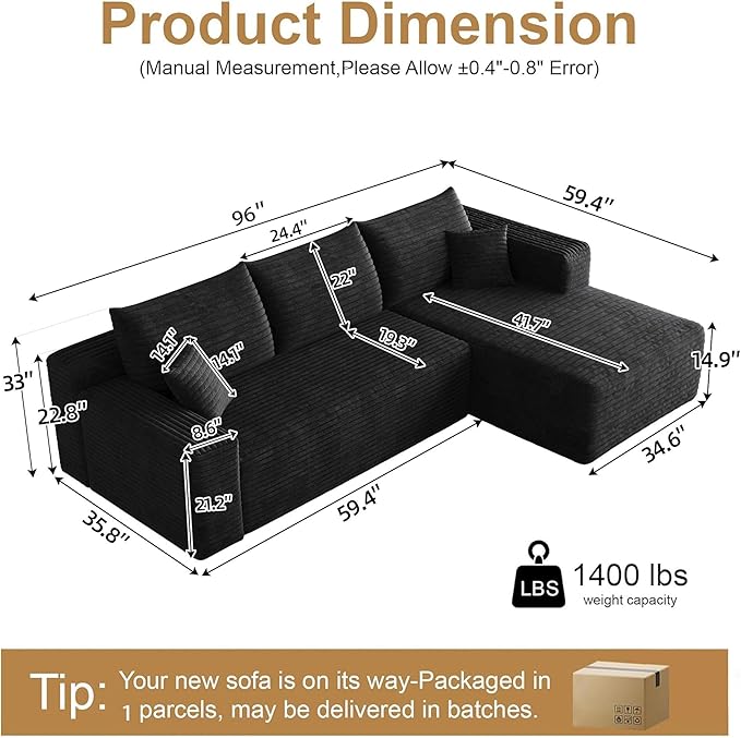96" Sectional Couches for Living Room Modern Modular Sofa with L-Shape Couchs Upholstered Boneless Couch Deep Seat Sectional Couch with Chaise (Black, 96" Right Facing Chaise+2Seaters)