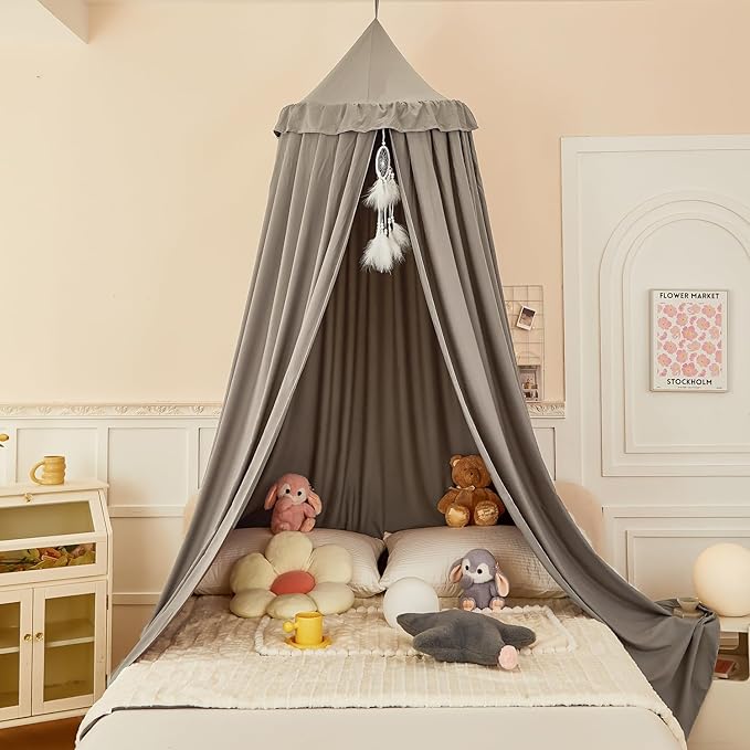 dix-rainbow Princess Decor Canopy for Kids Bed, Soft and Durable Bed Canopy for Girls Room Tent Canopy Dreamy Mosquito Net Bedding, Children Reading Nook Canopies Indoor (Grey)