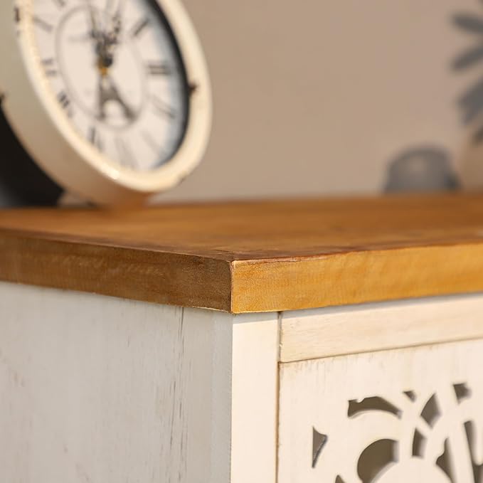 PHI VILLA White Accent Cabinet with Doors, Farmhouse Buffet Sideboard Hollow Carved Small Cabinets