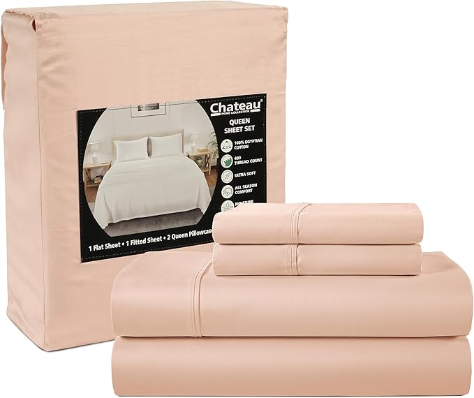 CHATEAU HOME COLLECTION 400 Thread Count Cal King Sheet Set, 100% Egyptian Cotton Cal King Sheets, 4 Piece Deep Pocket Sheet & Pillowcase Sets Fits Upto 17", Soft & Comfy Machine Washable- Blush