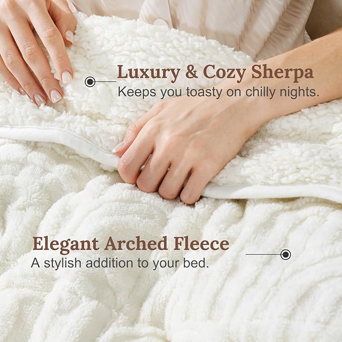 Sherpa Fleece Adult Weighted Blanket Great for Sleep, 15 lbs Dual Sided Soft Fuzzy Heavy Blankets for Couch Bed Sofa, Cozy Warm Arched Jacquard Throw for Winter (Cream White, 60" x 80", 15 Pounds)