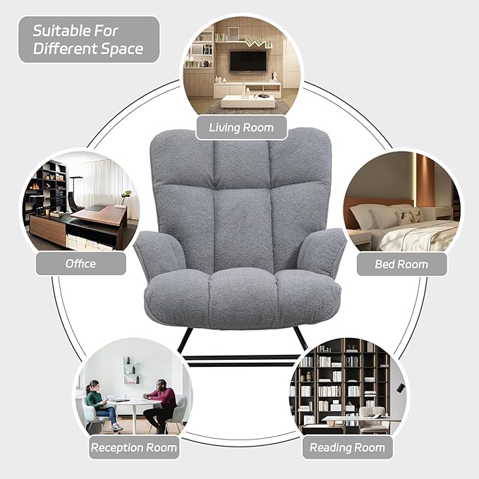 Rocking Chair Nursery Teddy Upholstered Glider Rocker Rocking Accent Chair Padded Seat with High Backrest Armchair Comfy Side Chair for Living Room Bedroom Offices (Darkgrey Teddy)
