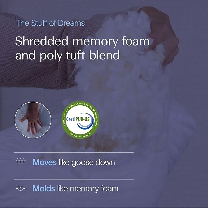 DreamyBlue Moon Pillow • Adjustable Loft, Luxury Cover, Shredded Memory Foam • for Back, Side and Combination Sleepers • Neutral Alignment for All • CertiPUR-US Certified Foam (King)