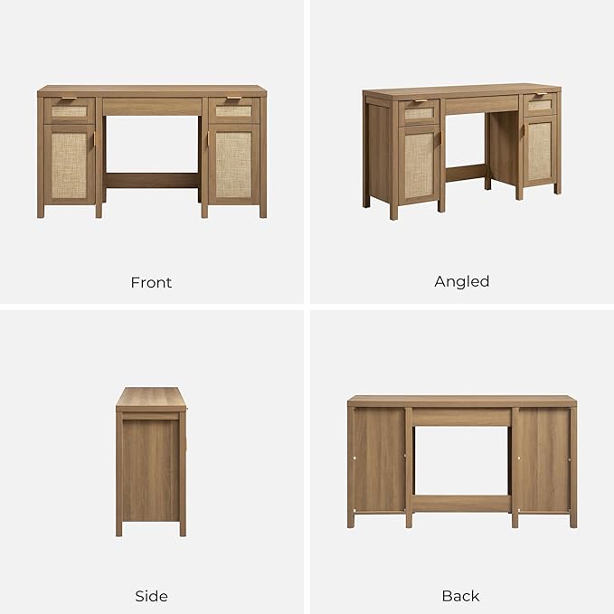 SICOTAS 2 Pieces Rattan Vanity Home Office Desk - Big Boho Makeup Vanities Benches with Drawers & Storage Cabinets, Dressing Vanity Table for Makeup Room, Bedroom, Home Office, Oak