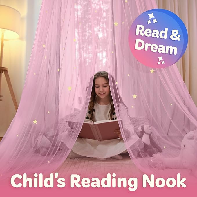 Pink Bed Canopy for Girls with Glowing Stars - Premium Canopy Bed Curtains | Fits Single, Twin, Full, Queen Size Kids Bed, Princess Netting Room Decor, Ceiling Tent to Cover Toddler, Canopy for Bed