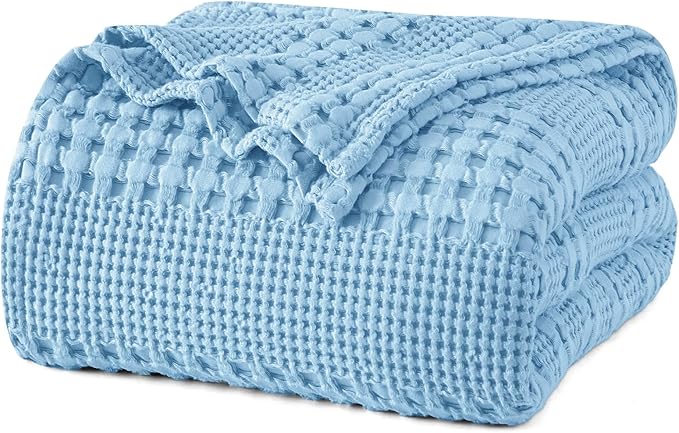 PHF 100% Cotton Waffle Weave Blanket Queen Size for Bed, Soft Lightweight & Breathable, All-Season Comfort, Luxury Aesthetic Woven Bedding for Home Decor, 90"x90", Sky Blue