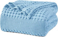 PHF 100% Cotton Waffle Weave Blanket Queen Size for Bed, Soft Lightweight & Breathable, All-Season Comfort, Luxury Aesthetic Woven Bedding for Home Decor, 90"x90", Sky Blue