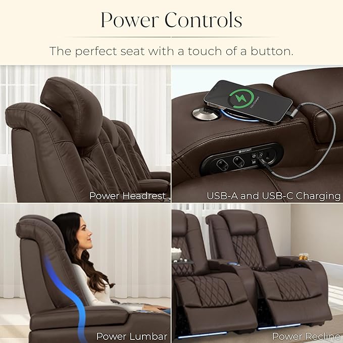 Seatcraft Diamante Zero-Gravity CoolZero Italian Leather Home Theater Seating, Power Headrest, Power Recline, Row of 5 Left Loveseat, Brown
