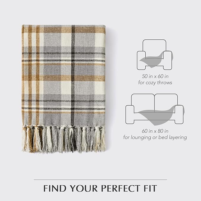 EVERGRACE Plaid Chenille Throw Blanket for Couch, Super Soft Cozy Decorative Farmhouse Plaid Throw with Tassels, Lightweight Chenille Knit Throw for Bed Sofa Gift Home Decor, Grey & Beige 60"x80"