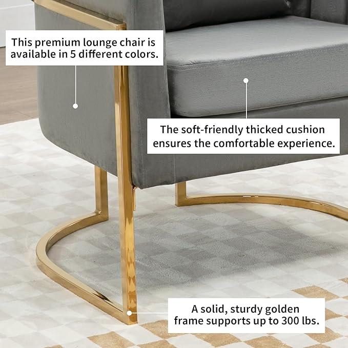 Velvet Modern Accent Chair, Upholstered Barrel Armchair Mid Century with Pillow for Living Room, Comfy Single Vanity Chair with Metal Gold Legs for Bedroom, Grey