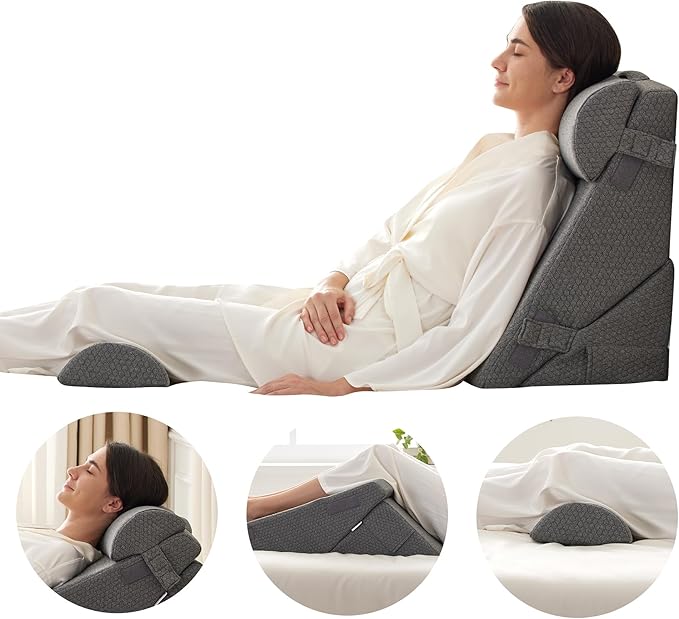 Bedluxe Adjustable 4pcs Bed Wedge Pillow Set, Memory Foam Wedge Pillow Post Surgery for Back, Neck, Leg Pain Relief, Pillow Wedge for Sleeping, Sitting up in Bed, Acid Reflux and GERD, Dark Grey